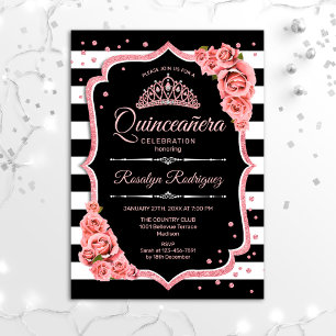 Convite Quinceanera - Rosa preto Dourado
