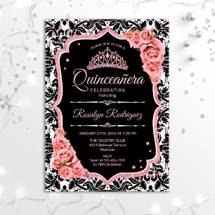 Convite Quinceanera - Rosa preto Dourado