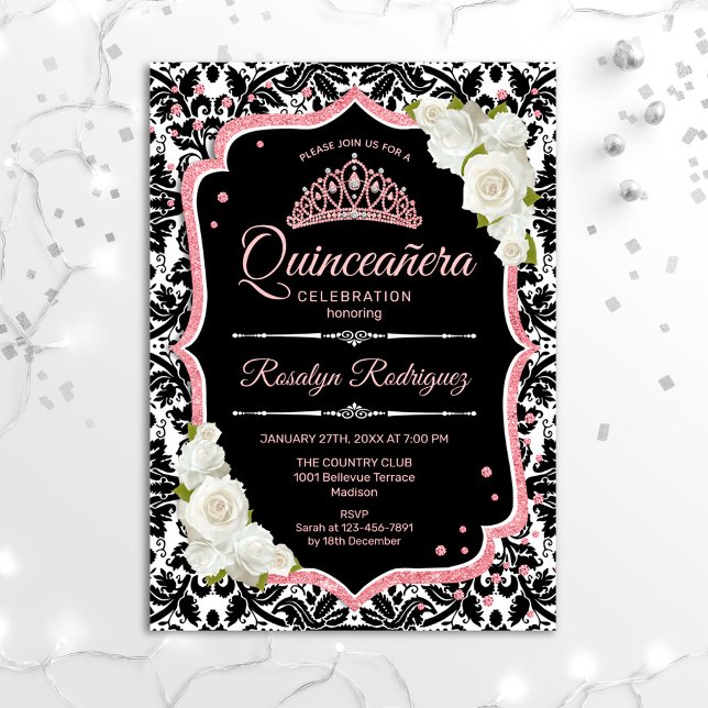 Convite Quinceanera - Rosa preto Dourado (Criador carregado)