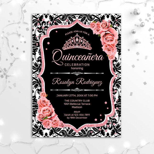 Convite Quinceanera - Rosa preto Dourado (Criador carregado)
