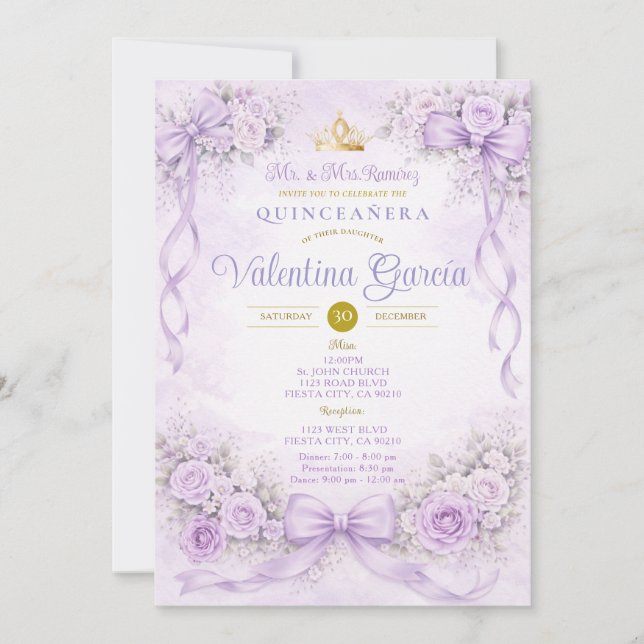 Convite Quinceañera Rosa Princesa Floral Roxa (Frente)