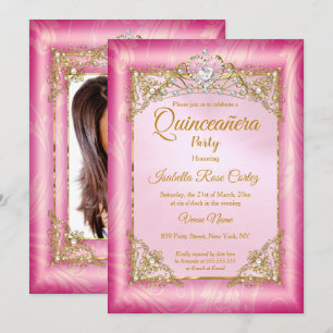 Convite Quinceanera Rosa Profundo Damasco foto Tiara Doura