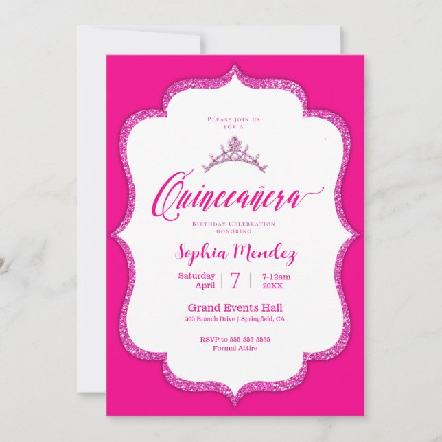 Convite Quinceanera, rosa quente e branca (Frente)