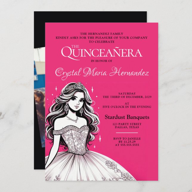 Convite Quinceañera rosa-quente e branca (Frente/Verso)