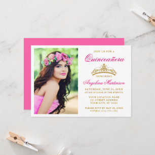 Convite Quinceânera Rosa Quente Foto Dourada Elegante