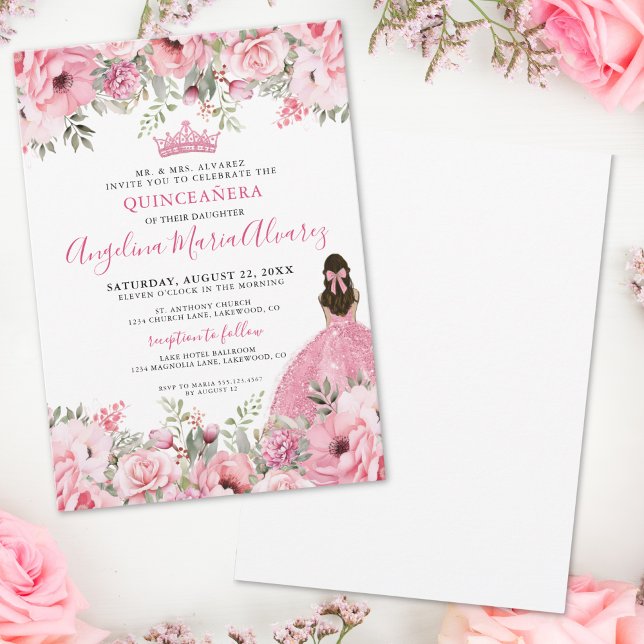 Convite Quinceanera Rosa-Rosa (Floral Rose Pink Quinceanera Invitation)