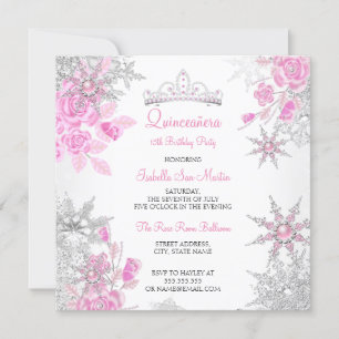 Convite Quinceanera Rosa Rosa Choque de Inverno Floco de N