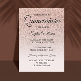 Convite Quinceanera Rosa Rosa Dourada Glitter 15 de Aniver