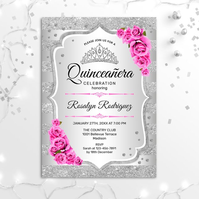 Convite Quinceanera Rosa Silver (Criador carregado)