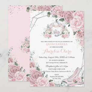 Convite Quinceañera Rosa Suave Floral Princesa Carruagem