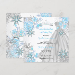 Convite Quinceanera Rosa Turquesa Floresta de Inverno Floc