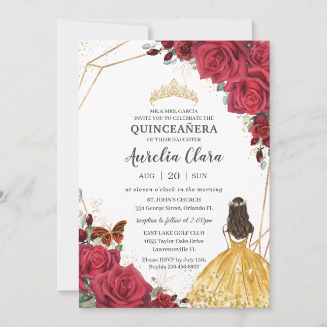 Convite Quinceañera Rosa vermelha Amarelo Floral Princesa (Frente)
