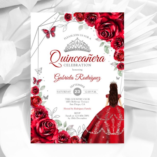 Convite Quinceanera Rosa vermelha Dress Silver (Criador carregado)