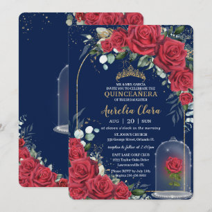 Convite Quinceañera Rosa Vermelha Encantada Floral Azul Ma