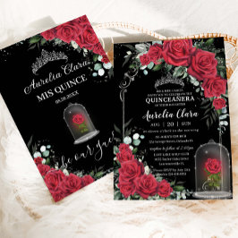 Convite Quinceañera Rosa vermelha Encantada Prata Preta Fl