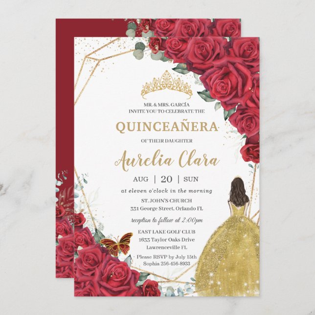Convite Quinceañera Rosa vermelha Floral Amarelo Princesa  (Frente/Verso)