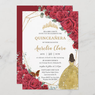 Convite Quinceañera Rosa vermelha Floral Amarelo Princesa