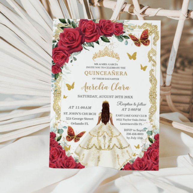 Convite Quinceañera Rosa vermelha Floral Ivory Dress Princ (Criador carregado)