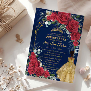 Convite Quinceañera Rosa vermelha Floral Preta Encantada