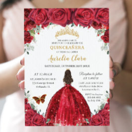 Convite Quinceañera Rosa vermelha Floral Princess Dourado