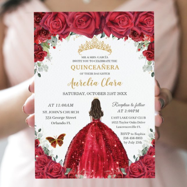Convite Quinceañera Rosa vermelha Floral Princess Dourado (Criador carregado)