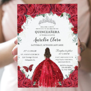 Convite Quinceañera Rosa vermelha Floral Princess Gown Sil