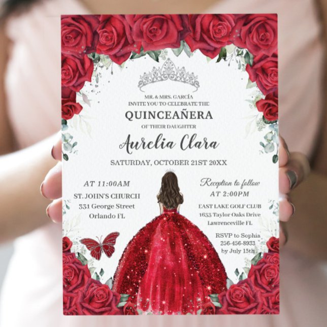 Convite Quinceañera Rosa vermelha Floral Princess Gown Sil (Criador carregado)