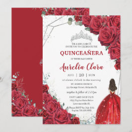 Convite Quinceañera Rosa vermelha Floral Silver Princesa T