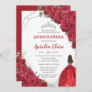 Convite Quinceañera Rosa vermelha Floral Silver Princesa T