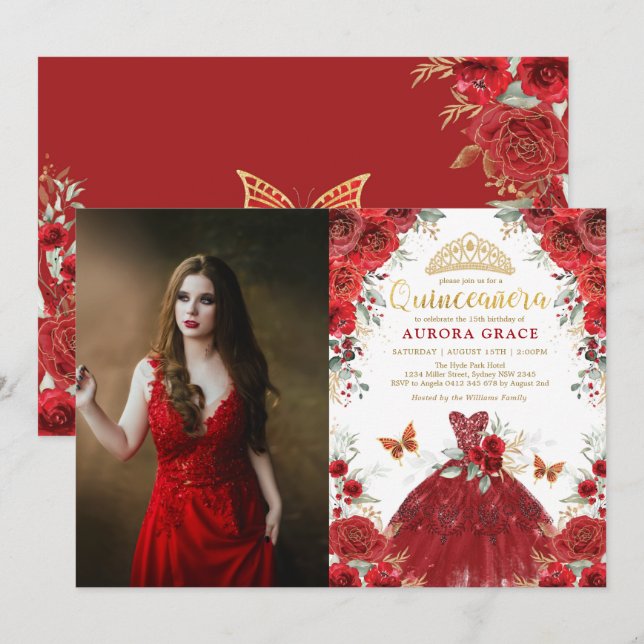 Convite Quinceañera Rosa vermelha Mis Quince 15 Birthday (Frente/Verso)
