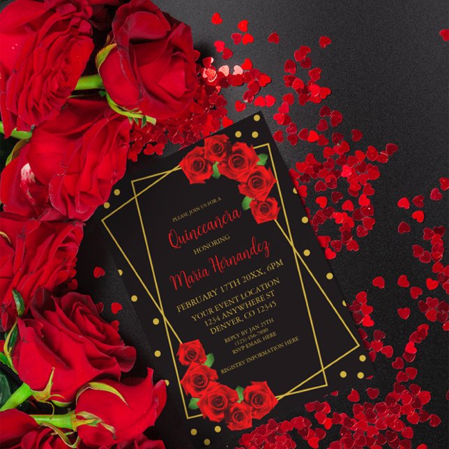 Convite Quinceañera rosa vermelha Preta e Dourada (Criador carregado)