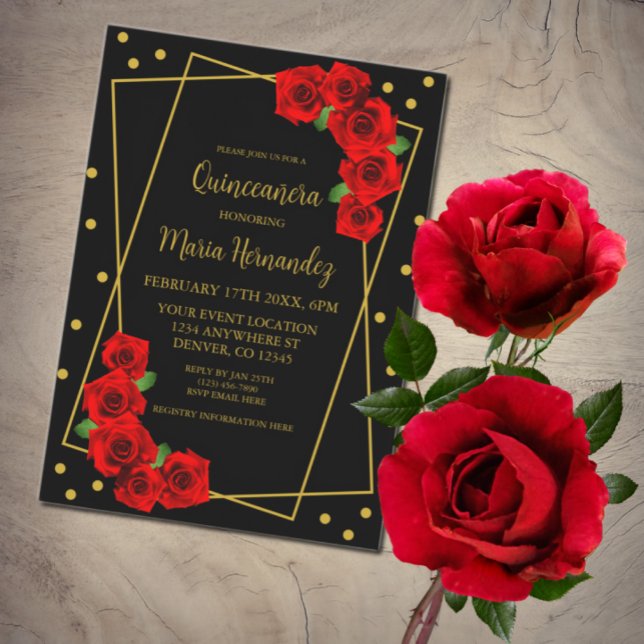 Convite Quinceañera rosa vermelha Preta e Dourada (Criador carregado)