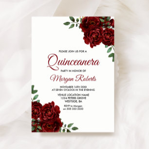 Convite Quinceanera, Rosa vermelha Romântica Burgundia