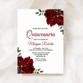 Convite Quinceanera, Rosa vermelha Romântica Burgundia, Co