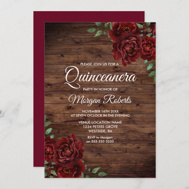 Convite Quinceanera, Rosa vermelha rustica da madeira de b (Frente/Verso)