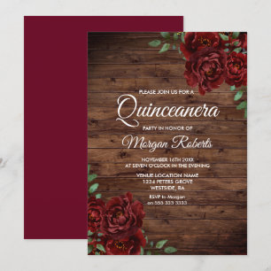 Convite Quinceanera, Rosa vermelha rustica da madeira de b