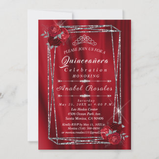 Convite Quinceanera Rosa vermelha & Silver Glitter
