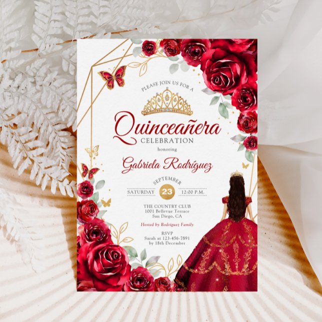 Convite Quinceanera Rosa vermelha Vestido Dourado (Criador carregado)