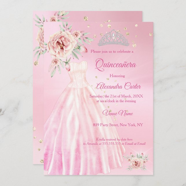 Convite Quinceanera Rosa Vestido Tiara Festa de aniversári (Frente/Verso)