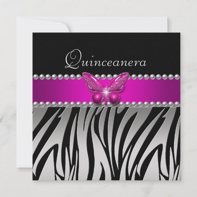 Convite Quinceanera Rosa Zebra Prata Borboleta Preta (Frente)