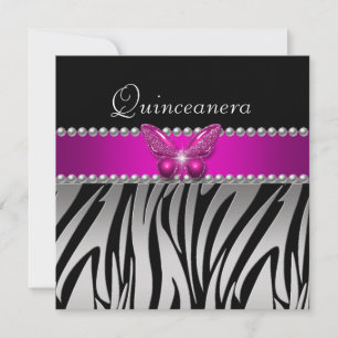 Convite Quinceanera Rosa Zebra Silver Borboleta Negra