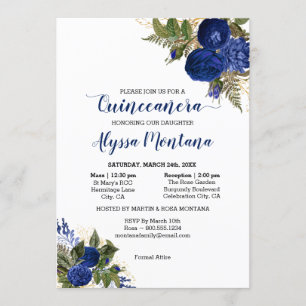 Convite Quinceanera Rosas Azul Royal Missa & Recepção