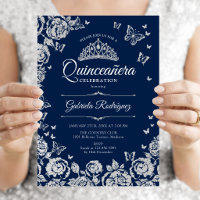 Quinceanera Rosas Prateadas Borboletas Azul Marinh