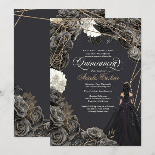 Convite Quinceañera - Rosas Pretos e Dourados, Pa
