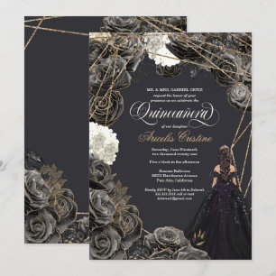 Convite Quinceañera - Rosas Pretos e Dourados, Pal