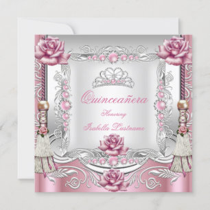 Convite QUINCEANERA Rosas Rosa Borlas Tiara Prateada