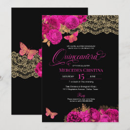 Convite Quinceañera - Rosas Rosa Quente e Borboleta Lace