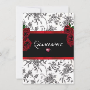 Convite Quinceanera Rosas Vermelhas Cetim Vermelho Preto B