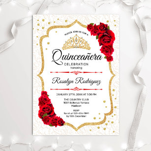 Convite Quinceanera - Rosas vermelhas Douradas brancas