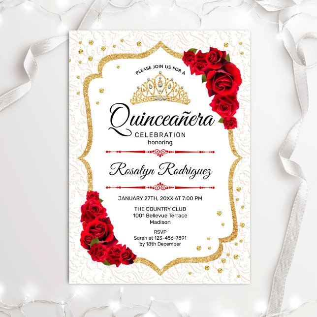Convite Quinceanera - Rosas vermelhas Douradas brancas (Criador carregado)